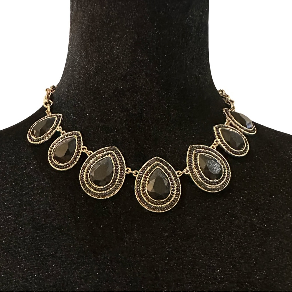 Teardrop Statement Necklace Gold Tone Black Adjustable Length